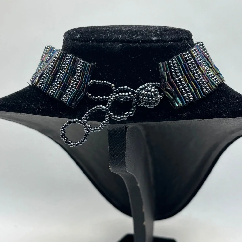 Vintage Aurora‎ Borealis Bugle Bead Choker Necklace Iridescent Rainbow AB Glass